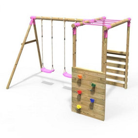 Rebo Wooden Children's Garden Swing Set with Monkey Bars - Double Swing - Venus Pink
