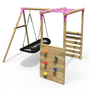 Rebo Wooden Children's Garden Swing Set with Monkey Bars - Single Boat Swing - Pink