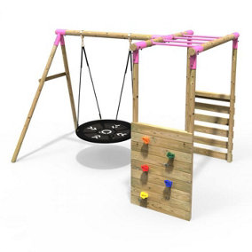 Rebo Wooden Children's Garden Swing Set with Monkey Bars - Single Swing - Mercury Pink