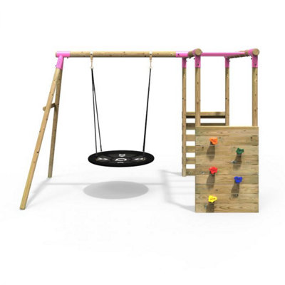 Rebo Wooden Children's Garden Swing Set with Monkey Bars - Single Swing - Mercury Pink