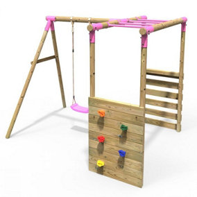 Rebo Wooden Children's Garden Swing Set with Monkey Bars - Single Swing - Solar Pink