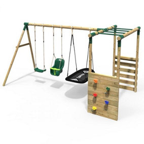 Rebo Wooden Children's Garden Swing Set with Monkey Bars - Triple Swing - Halley Green