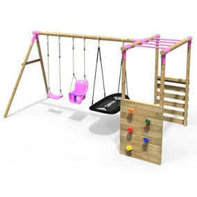 Rebo Wooden Children's Garden Swing Set with Monkey Bars - Triple Swing - Halley Pink
