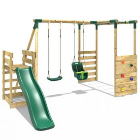 Rebo Wooden Children's Swing Set with Monkey Bars plus Deck & 6ft Slide - Double Swing - Luna Green