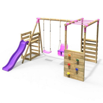 Rebo Wooden Children's Swing Set with Monkey Bars plus Deck & 6ft Slide - Double Swing - Luna Pink