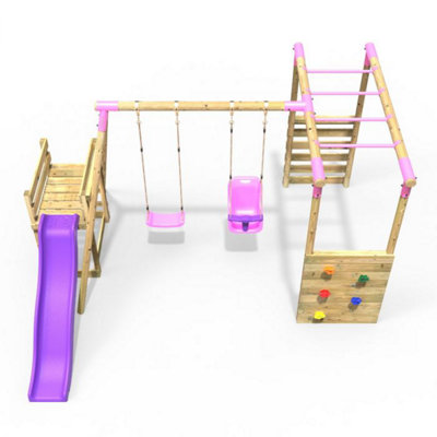 Rebo Wooden Children's Swing Set with Monkey Bars plus Deck & 6ft Slide - Double Swing - Luna Pink