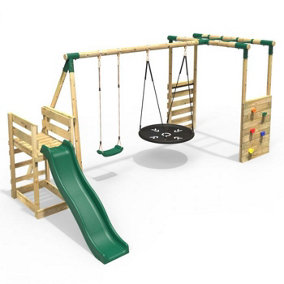 Rebo Wooden Children's Swing Set with Monkey Bars plus Deck & 6ft Slide - Double Swing - Meteorite Green