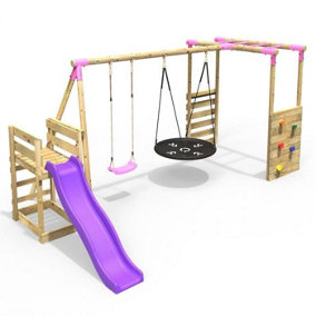 Rebo Wooden Children's Swing Set with Monkey Bars plus Deck & 6ft Slide - Double Swing - Meteortie Pink