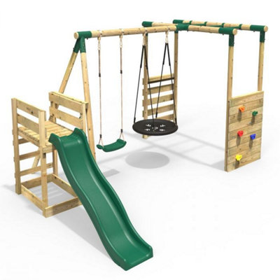 Rebo Wooden Children s Swing Set with Monkey Bars plus Deck 6ft Slide Double Swing Satellite