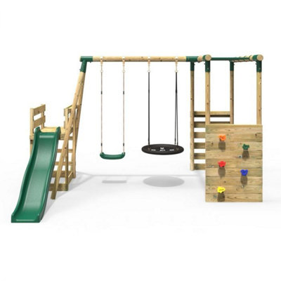 Rebo Wooden Children's Swing Set with Monkey Bars plus Deck & 6ft Slide - Double Swing - Satellite Green