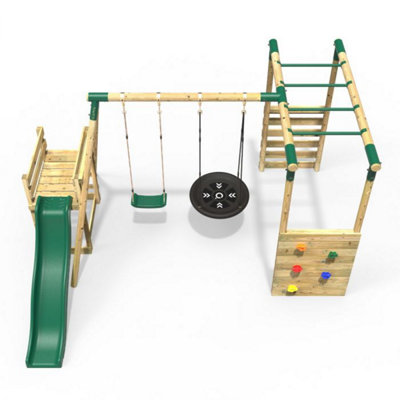 Rebo Wooden Children's Swing Set with Monkey Bars plus Deck & 6ft Slide - Double Swing - Satellite Green