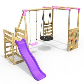 Rebo Wooden Children's Swing Set with Monkey Bars plus Deck & 6ft Slide - Double Swing - Satellite Pink