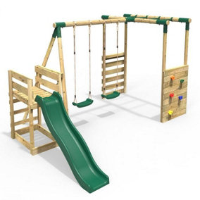 Rebo Wooden Children's Swing Set with Monkey Bars plus Deck & 6ft Slide - Double Swing - Venus Green