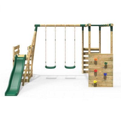 Rebo Wooden Children's Swing Set with Monkey Bars plus Deck & 6ft Slide - Double Swing - Venus Green