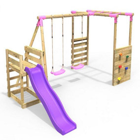 Rebo Wooden Children's Swing Set with Monkey Bars plus Deck & 6ft Slide - Double Swing - Venus Pink