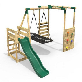 Rebo Wooden Children's Swing Set with Monkey Bars plus Deck & 6ft Slide - Single Boat Swing - Green
