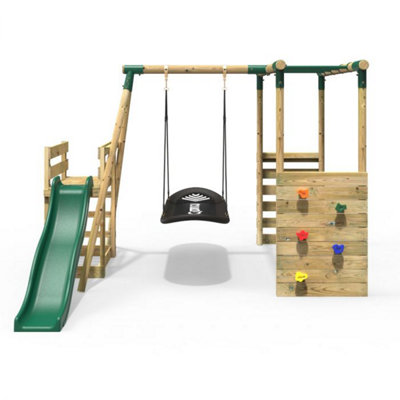 Rebo Wooden Children's Swing Set with Monkey Bars plus Deck & 6ft Slide -  Single Boat Swing - Green