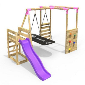 Rebo Wooden Children's Swing Set with Monkey Bars plus Deck & 6ft Slide - Single Boat Swing - Pink