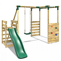 Rebo Wooden Children's Swing Set with Monkey Bars plus Deck & 6ft Slide - Single Swing - Solar Green