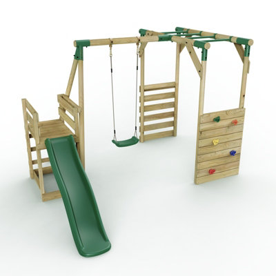 Rebo Wooden Children's Swing Set with Monkey Bars plus Deck & 6ft Slide