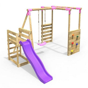 Rebo Wooden Children's Swing Set with Monkey Bars plus Deck & 6ft Slide - Single Swing - Solar Pink