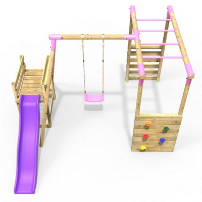 Rebo Wooden Children's Swing Set with Monkey Bars plus Deck & 6ft Slide -  Single Swing - Solar Pink