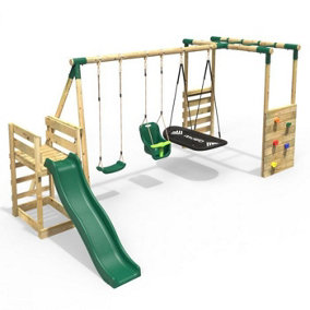 Rebo Wooden Children's Swing Set with Monkey Bars plus Deck & 6ft Slide - Triple Swing - Halley Green