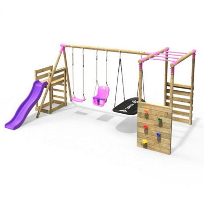 Rebo Wooden Children's Swing Set with Monkey Bars plus Deck & 6ft Slide - Triple Swing - Halley Pink