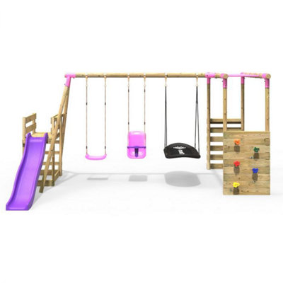 Rebo Wooden Children's Swing Set with Monkey Bars plus Deck & 6ft Slide - Triple Swing - Halley Pink