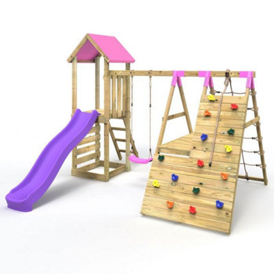 Rebo Wooden Climbing Frame with Swings, 6+8FT Slides & Climbing Wall - Alverstone Pink