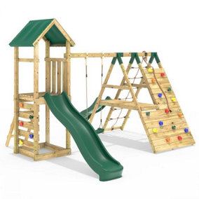 Rebo Wooden Climbing Frame with Swings, 6+8FT Slides & Climbing Wall - Alverstone
