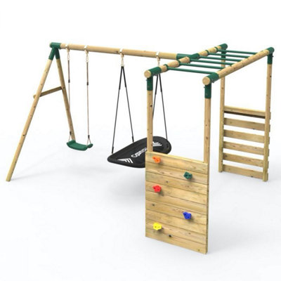 Rebo Wooden Garden Children's Swing Set with Extra-Long Monkey Bars - Double Swing - Sage Green