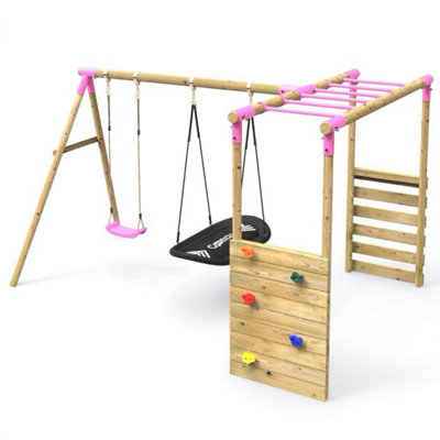 Rebo Wooden Garden Children's Swing Set with Extra-Long Monkey Bars - Double Swing - Sage Pink