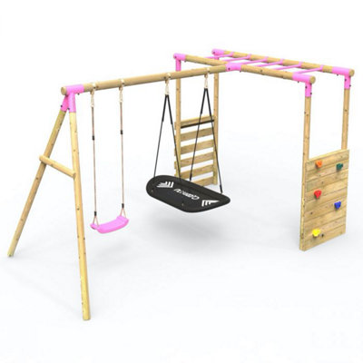 Rebo Wooden Garden Children's Swing Set with Extra-Long Monkey Bars - Double Swing - Sage Pink