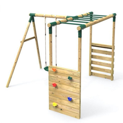 Rebo Wooden Garden Children's Swing Set with Extra-Long Monkey Bars - Single Swing - Solar Green