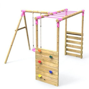 Rebo Wooden Garden Children's Swing Set with Extra-Long Monkey Bars - Single Swing - Solar Pink