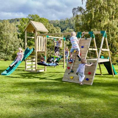 Rebo Wooden Garden Climbing Frame with Swings, 2 Slides, Up & over ...