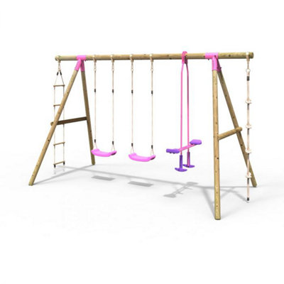 Rebo Wooden Garden Swing Set with 2 Standard Seats, Glider, Climbing