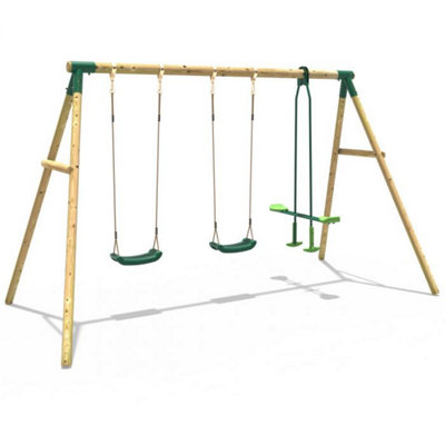 Rebo Wooden Garden Swing Set with 2 Standard Swings and Glider - Neptune Green