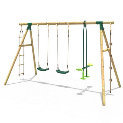 Rebo Wooden Garden Swing Set with 2 Standard Swings, Glider, Climbing ...