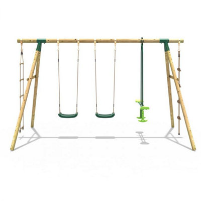 Rebo Wooden Garden Swing Set with 2 Standard Swings, Glider, Climbing Rope and Ladder - Saturn Green