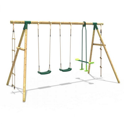 Rebo Wooden Garden Swing Set with 2 Standard Swings, Glider, Climbing Rope and Ladder - Saturn Green