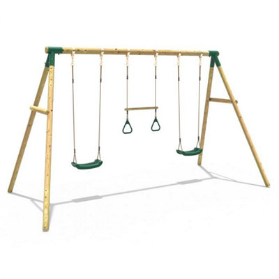Rebo Wooden Garden Swing Set with 2 Swings and Trapeze Bar - Comet Green