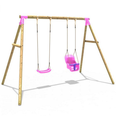 Rebo Wooden Garden Swing Set with Standard Seat and Baby Seat - Luna Pink