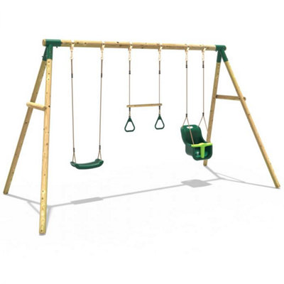 Rebo Wooden Garden Swing Set with Trapeze Bar - Galaxy Green