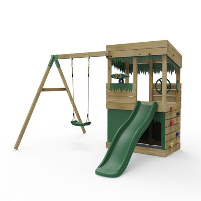 Rebo Wooden Lookout Tower Playhouse Climbing Frame with 6ft Slide & Swing - Yellowstone