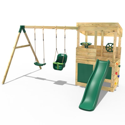 Rebo Wooden Lookout Tower Playhouse Climbing Frame with 6ft Slide & Swings - Zion