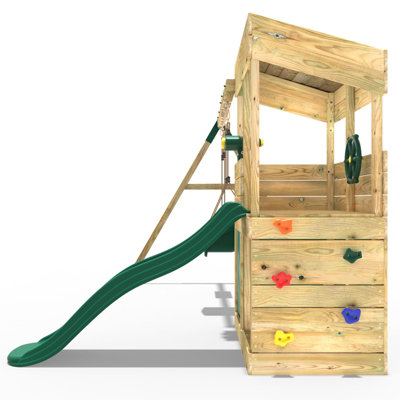 Rebo Wooden Lookout Tower Playhouse Climbing Frame with 6ft Slide & Swings - Zion
