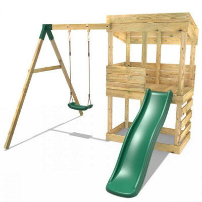 Rebo Wooden Lookout Tower Playhouse with 6ft Slide & Swing - Arches