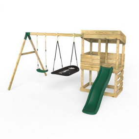 Rebo Wooden Lookout Tower Playhouse with 6ft Slide & Swings - Badlands